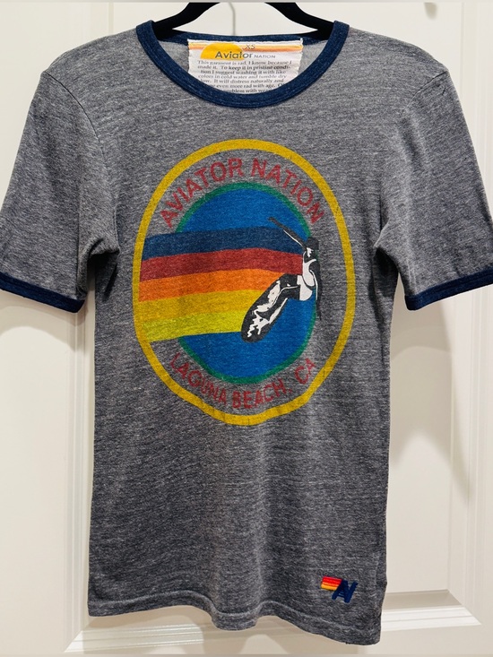 Aviator Nation Other - Aviator Nation Laguna Beach Gray Short Sleeve Tee with Navy Trim Retro Men XS